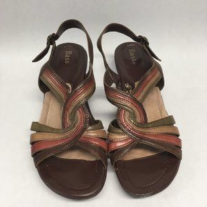 Bass Juliana 9M Leather Strappy Medium Wedge Brown Rust Green Tan EUC